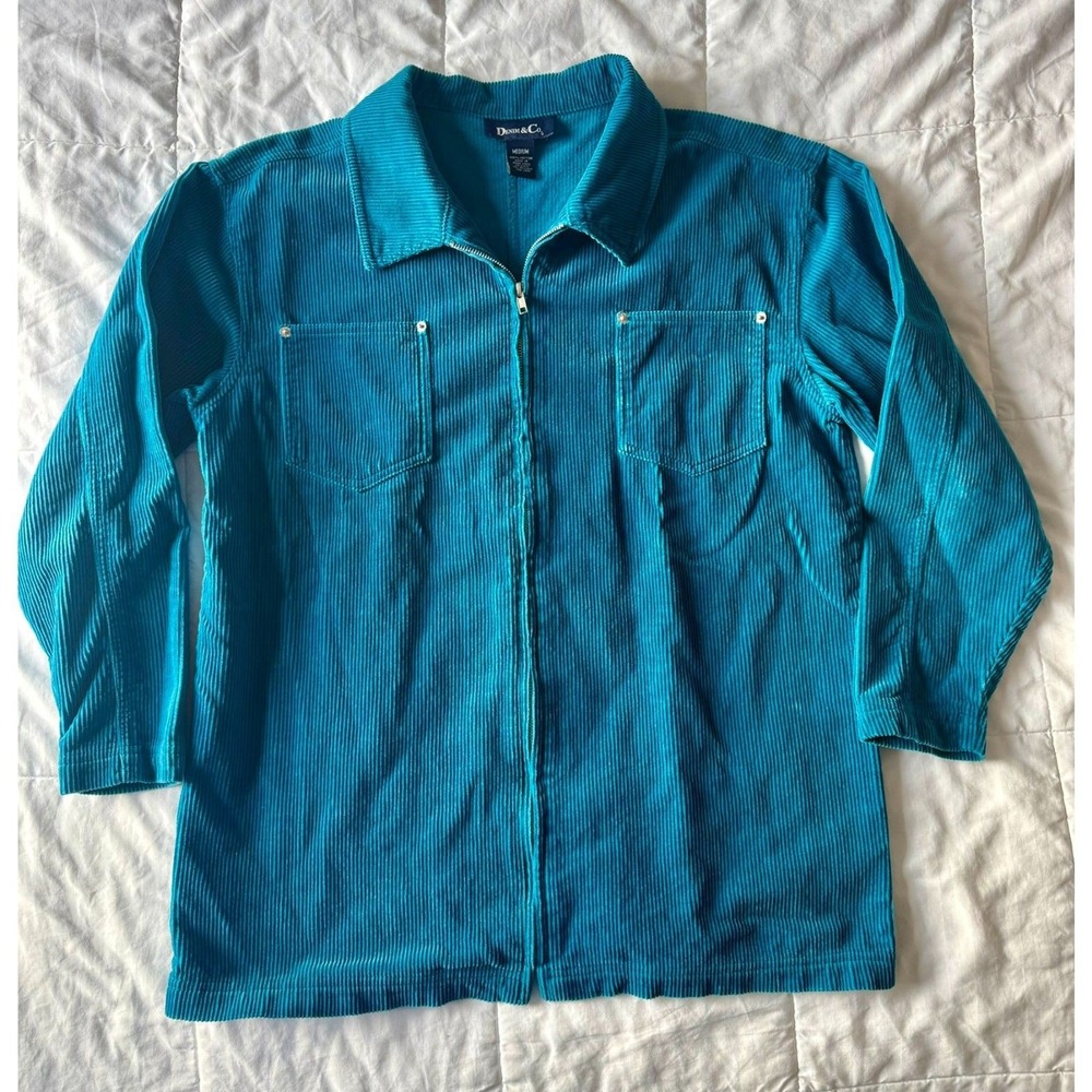 Denim & Co Teal Blue Corduroy Zip Up Jacket Womens Medium Cotton LS Ribbed